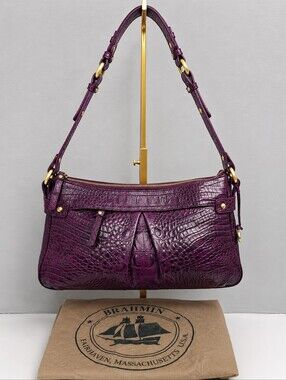 Brahmin Purple Melbourne Croc Embossed Leather Shoulder Bag With Dust Bag EUC